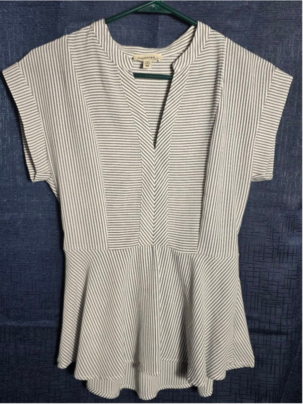 Women's Monteau Striped Peplum Blouse M White Blue/Gray cottagecore y2k
